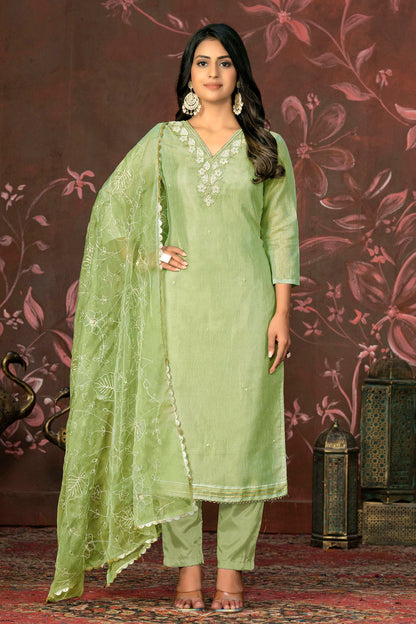 Olive Green Colour Unstitched Simmar Cotton Pant Style Suit