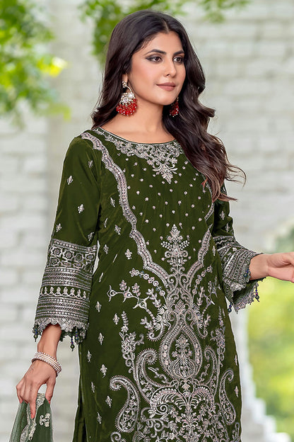 Olive Green Colour Velvet Semi Stitched Pakistani Suit