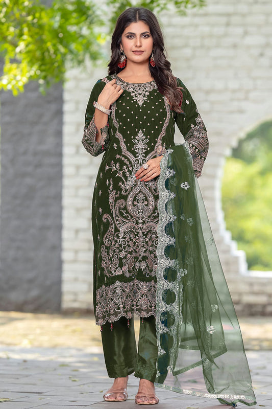 Olive Green Colour Velvet Semi Stitched Pakistani Suit