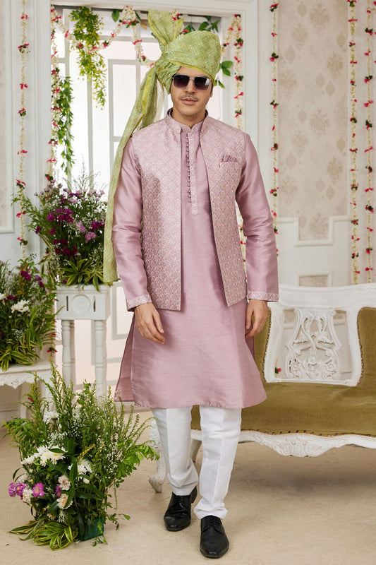 Onion Pink Colour Art Silk Kurta Pajama With Jacket