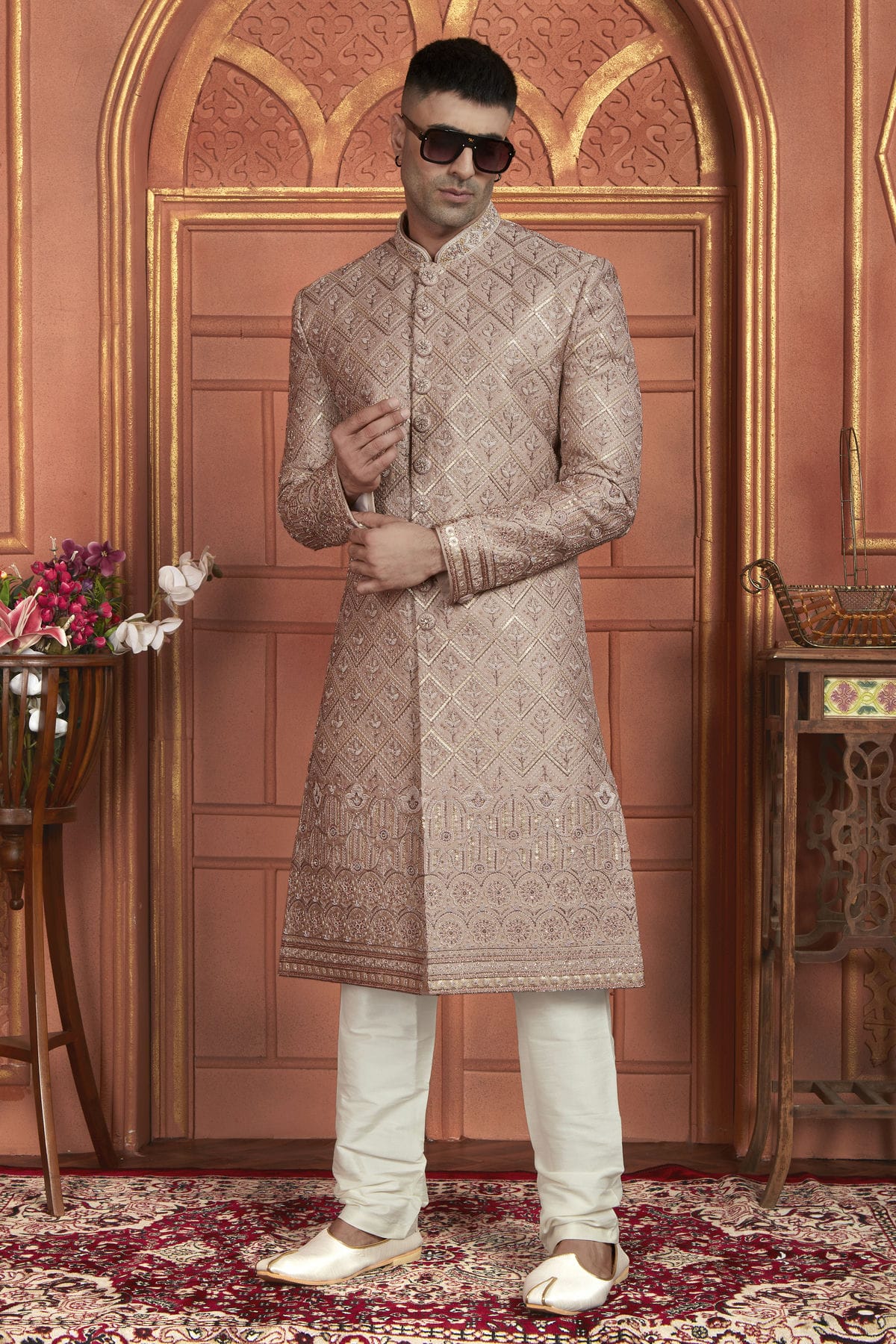 Onion Pink Colour Art Silk Sherwani With Churidar Pant VSSH1230053