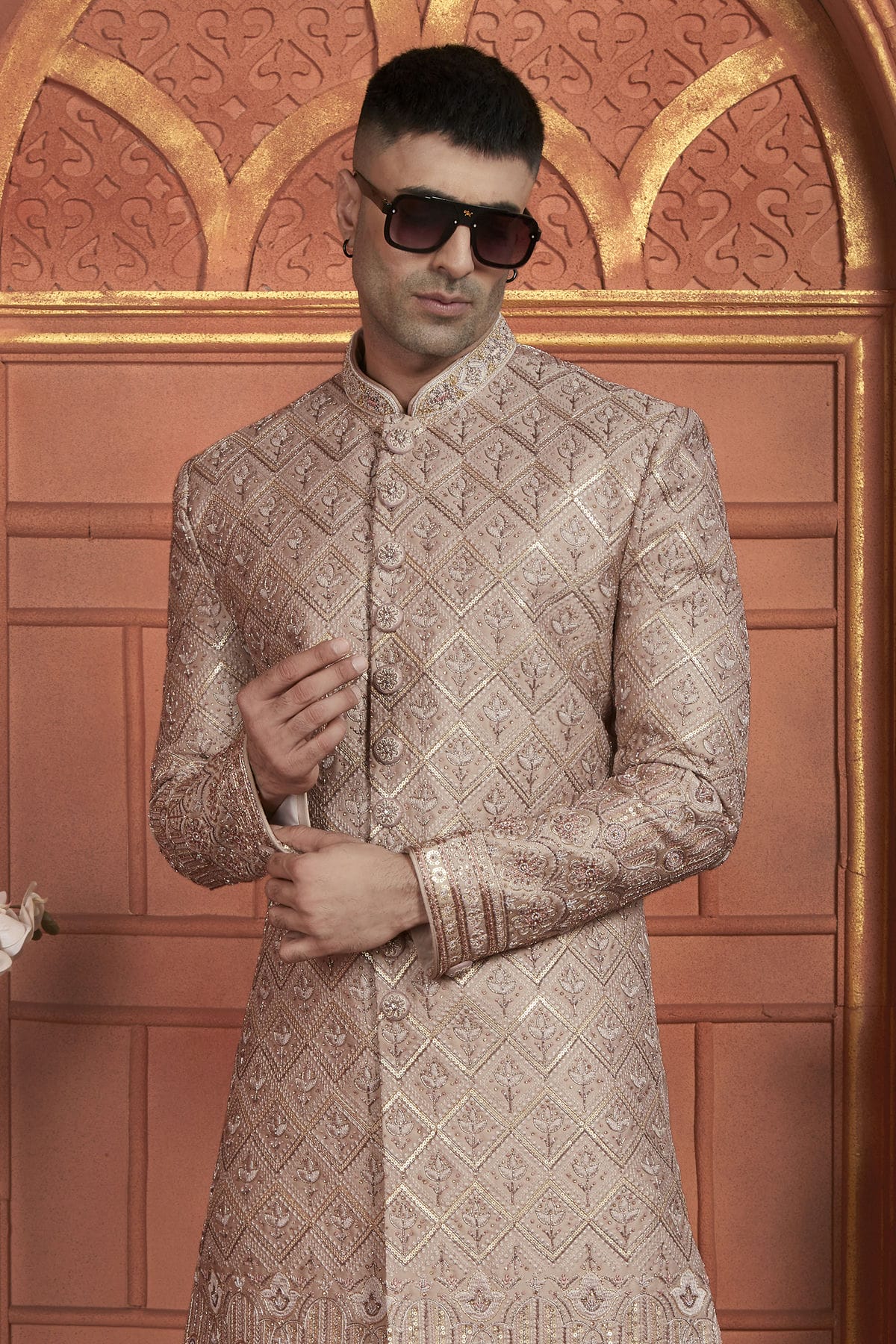 Onion Pink Colour Art Silk Sherwani With Churidar Pant VSSH1230053