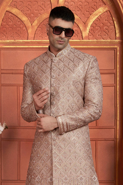 Onion Pink Colour Art Silk Sherwani With Churidar Pant VSSH1230053