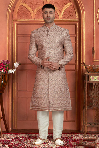 Onion Pink Colour Art Silk Sherwani With Churidar Pant