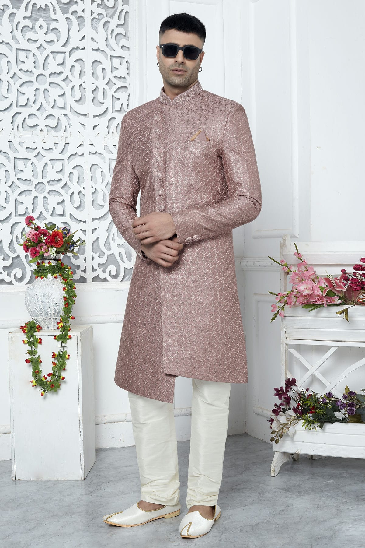 Onion Pink Colour Art Silk Sherwani With Churidar Pant VSSH1230068