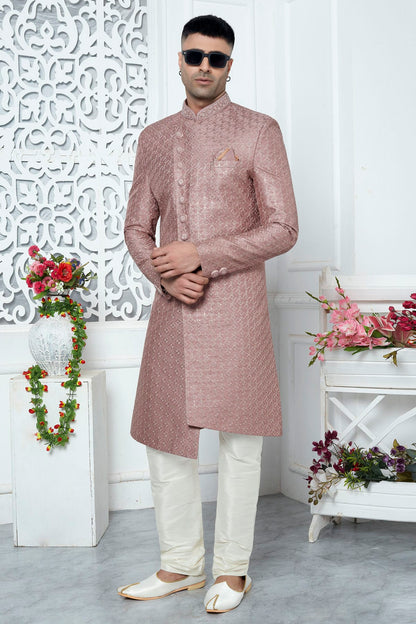 Onion Pink Colour Art Silk Sherwani With Churidar Pant VSSH1230068