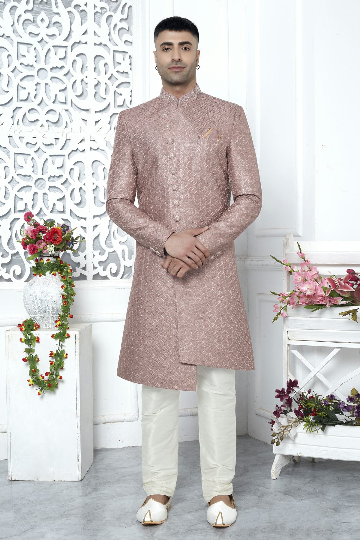 Onion Pink Colour Art Silk Sherwani With Churidar Pant