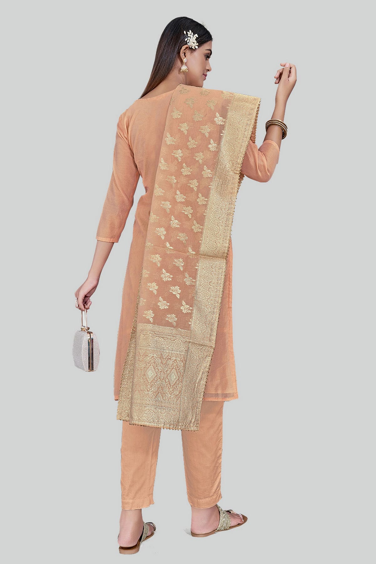 Orange Colour Chanderi Silk Pant Style Suit