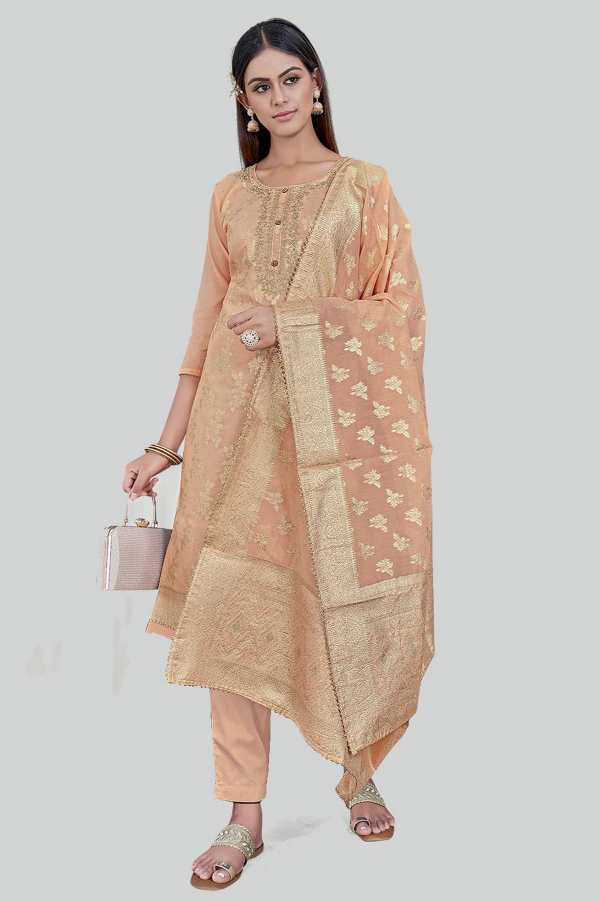 Orange Colour Chanderi Silk Pant Style Suit