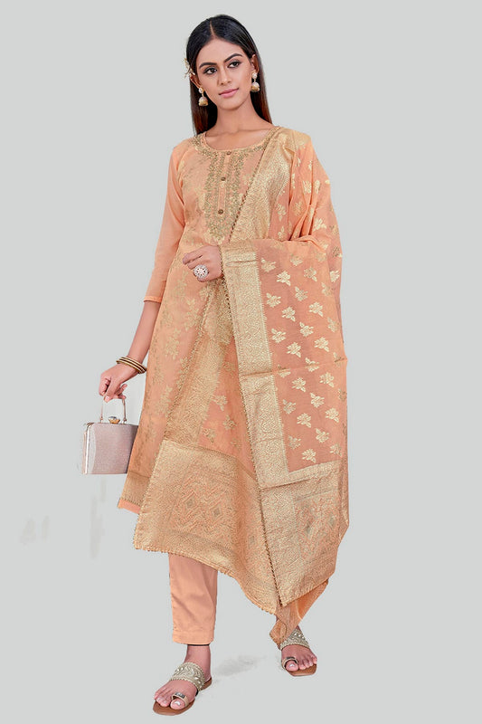 Orange Colour Chanderi Silk Pant Style Suit