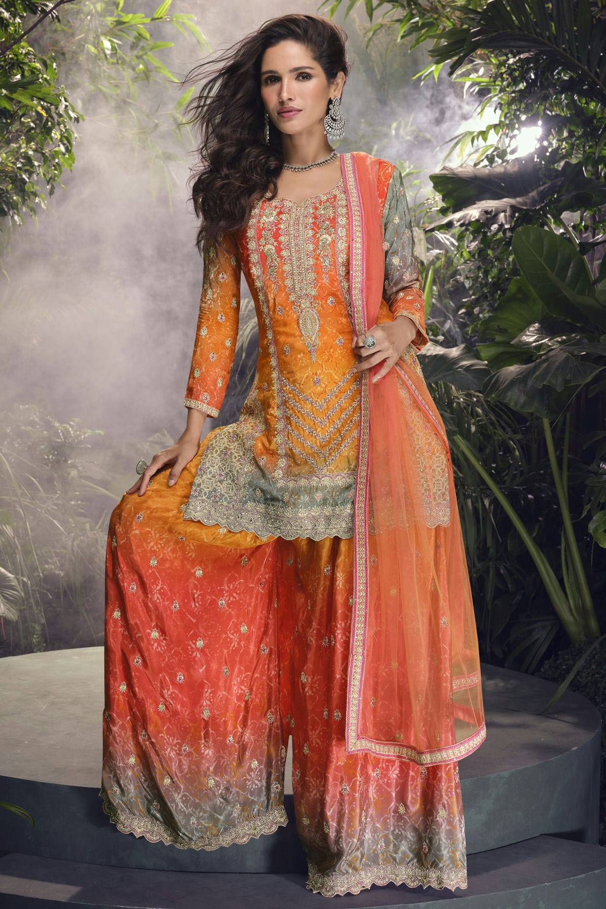 Orange Colour Chinon Silk Palazzo Pant Suit