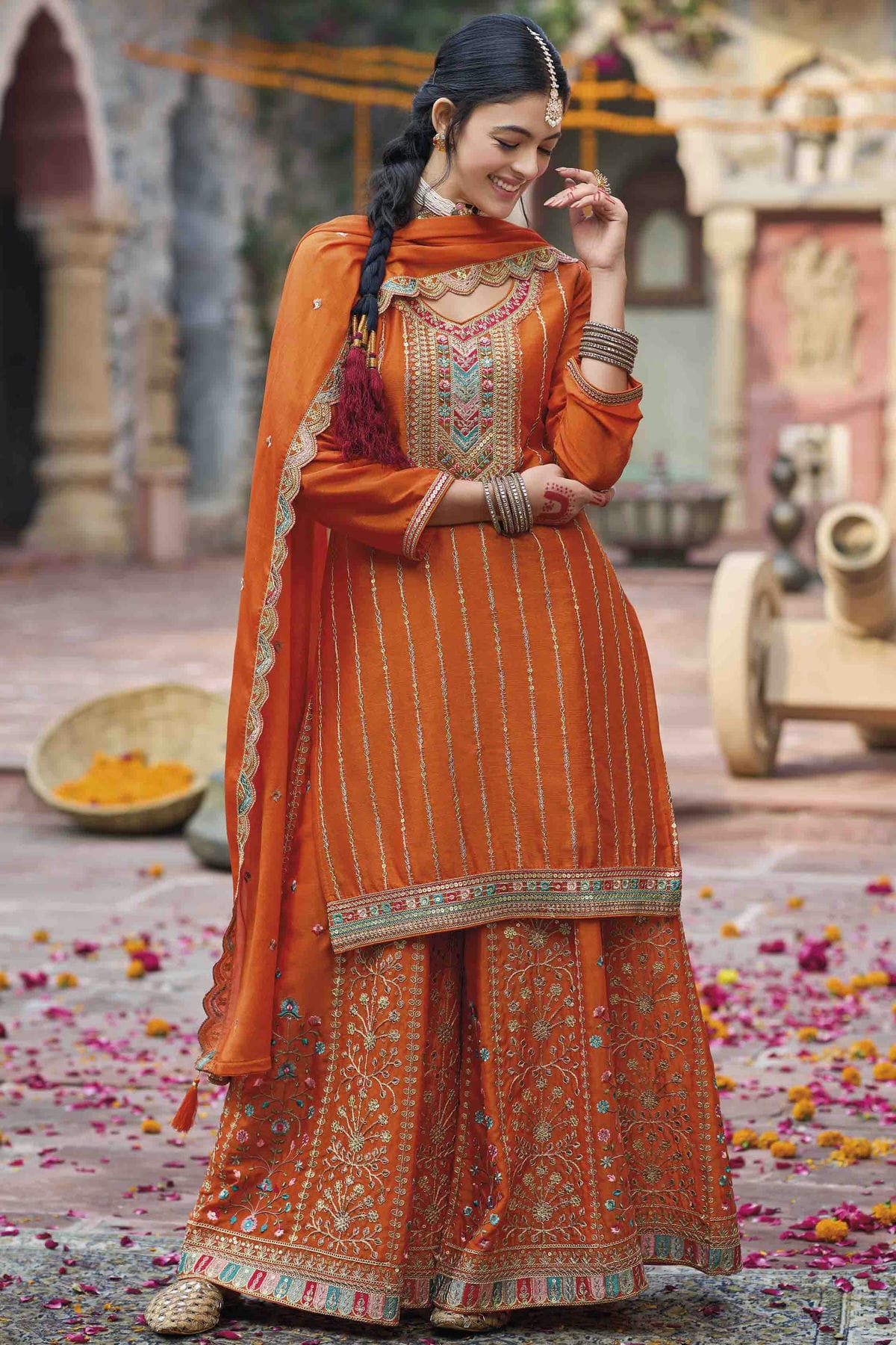 Orange Colour Chinon Stitched Palazzo Pant Suit VSSS1140757