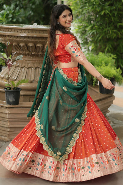 Orange Colour Cosmos Jacquard Embroidery Lehenga Choli