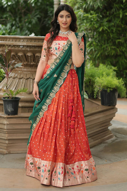 Orange Colour Cosmos Jacquard Embroidery Lehenga Choli