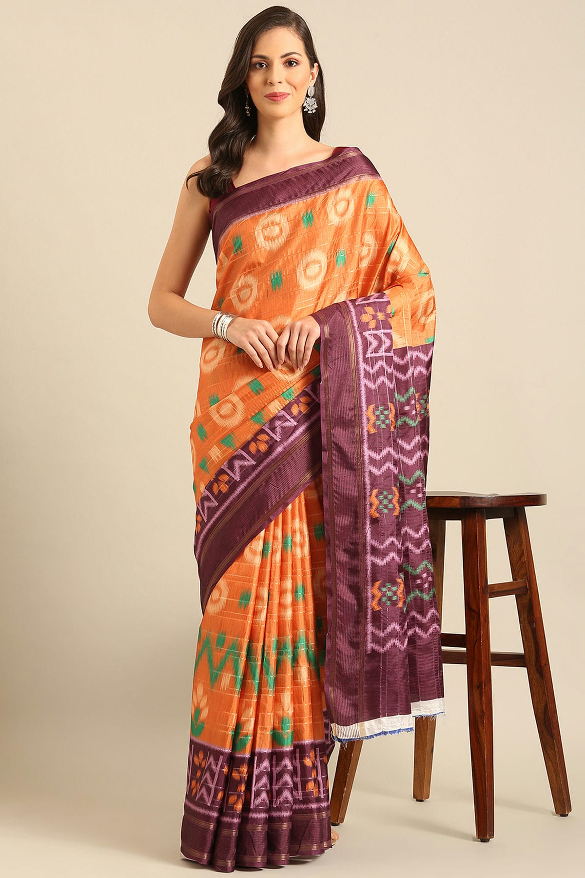 Orange Colour Cotton Manipuri Patola Handloom Saree