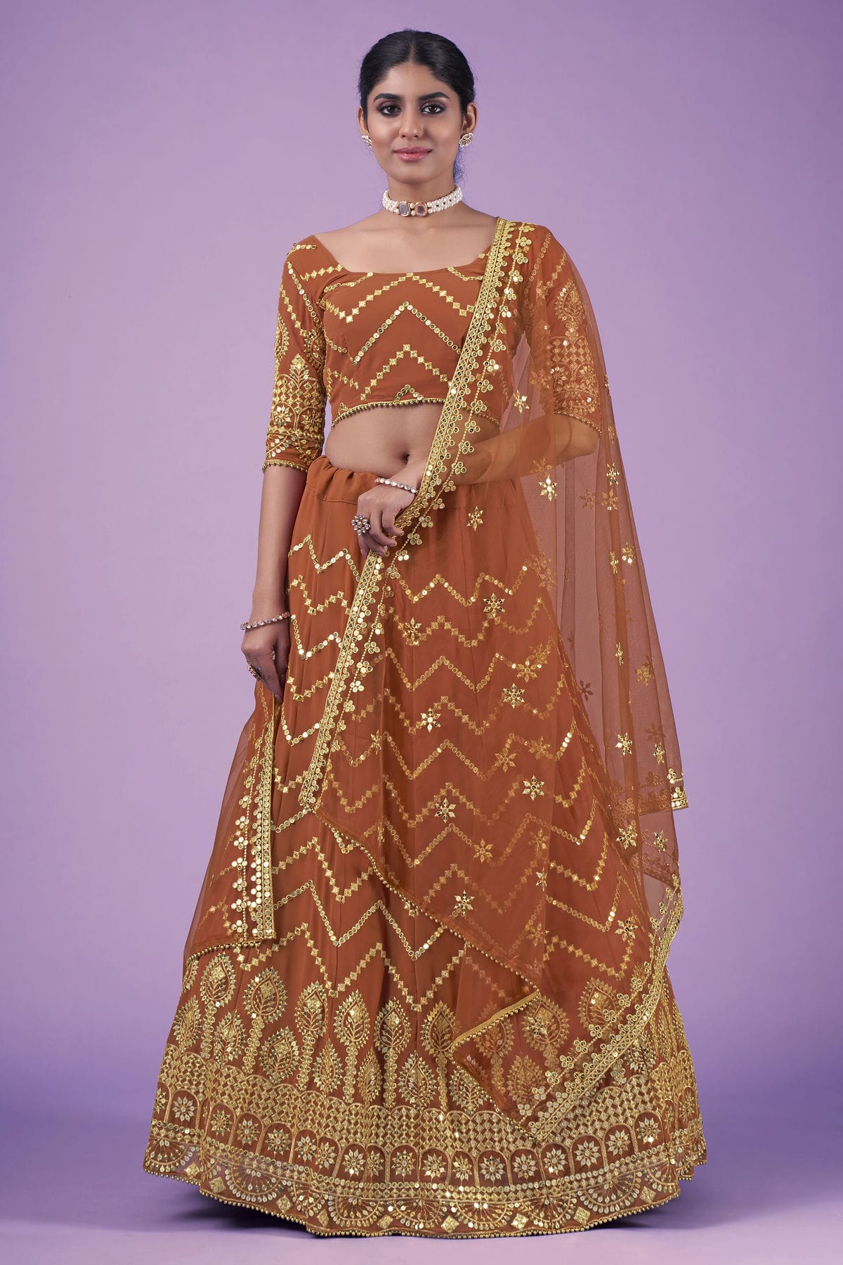 Orange Colour Embroidery Georgette Lehenga Choli