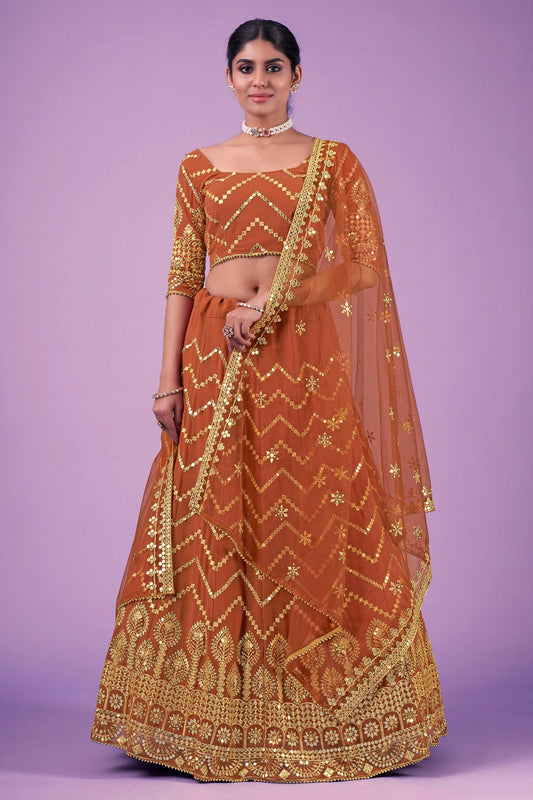 Orange Colour Embroidery Georgette Lehenga Choli