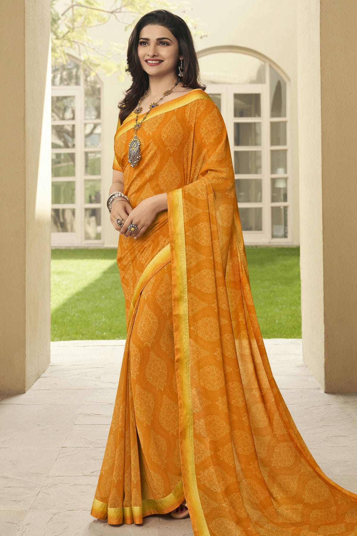 Orange Colour Georgette Printed Saree