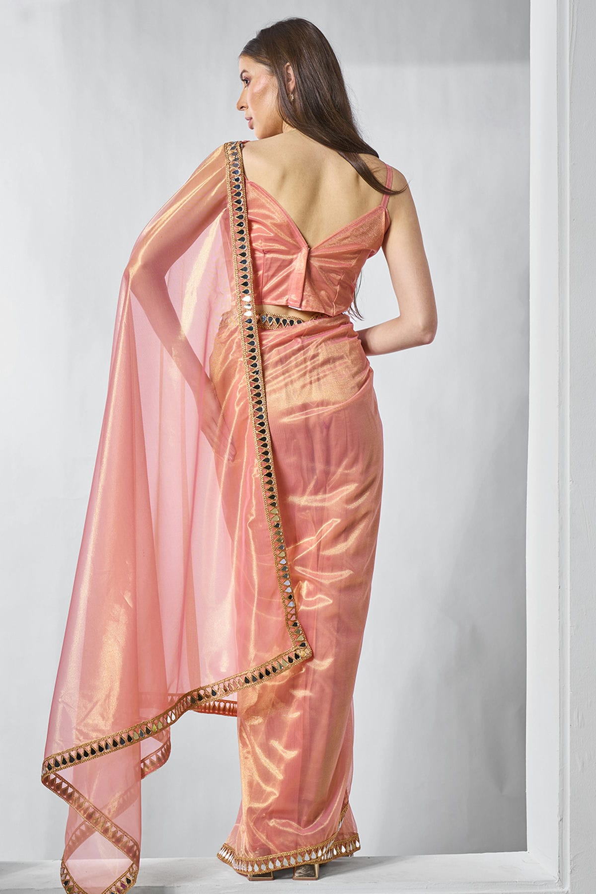 Orange Colour Gold Tissue Net Designer Saree