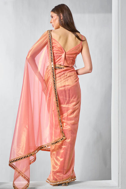 Orange Colour Gold Tissue Net Designer Saree