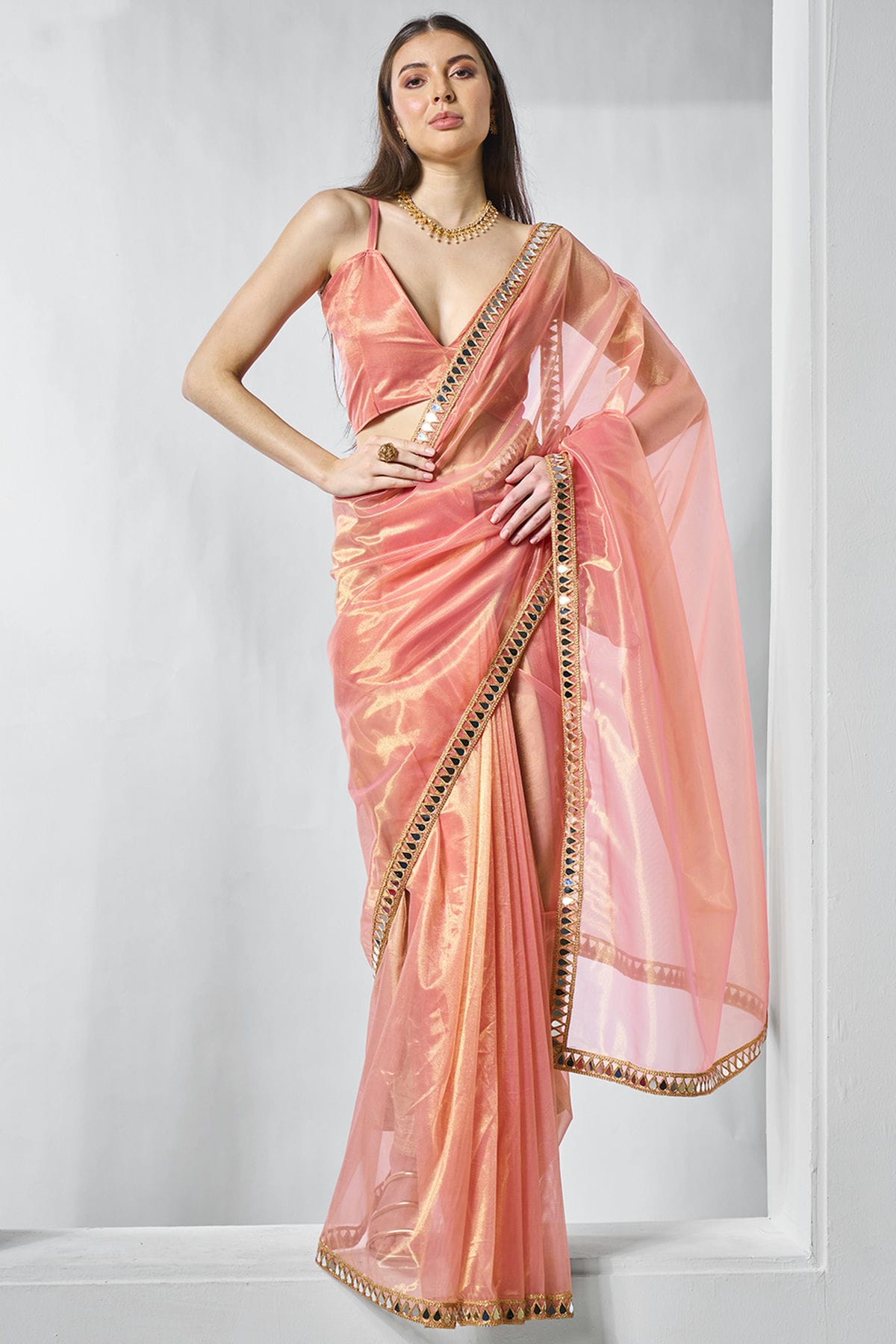 Orange Colour Gold Tissue Net Designer Saree