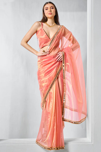 Orange Colour Gold Tissue Net Designer Saree