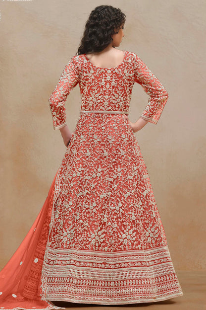 Orange Colour Net Semi Stitched Anarkali Suit VSSM1050624