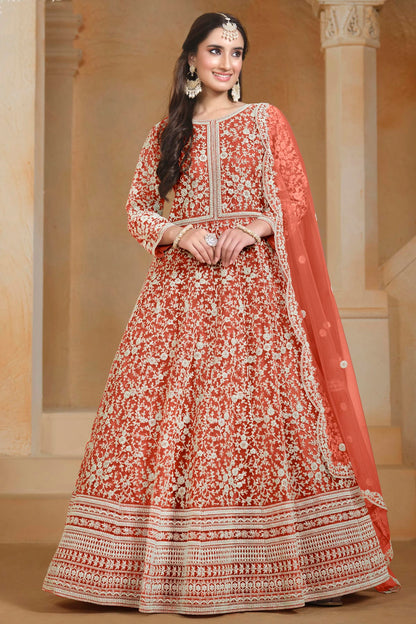 Orange Colour Net Semi Stitched Anarkali Suit