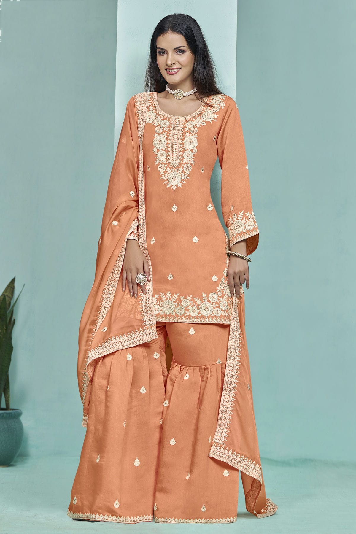 Orange Colour Roman Silk Sharara Suit