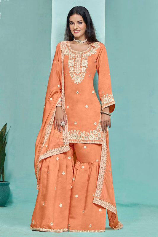 Orange Colour Roman Silk Sharara Suit