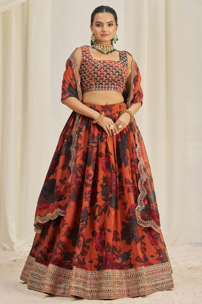 Orange Colour Semi Stitched Organza Lehenga Choli