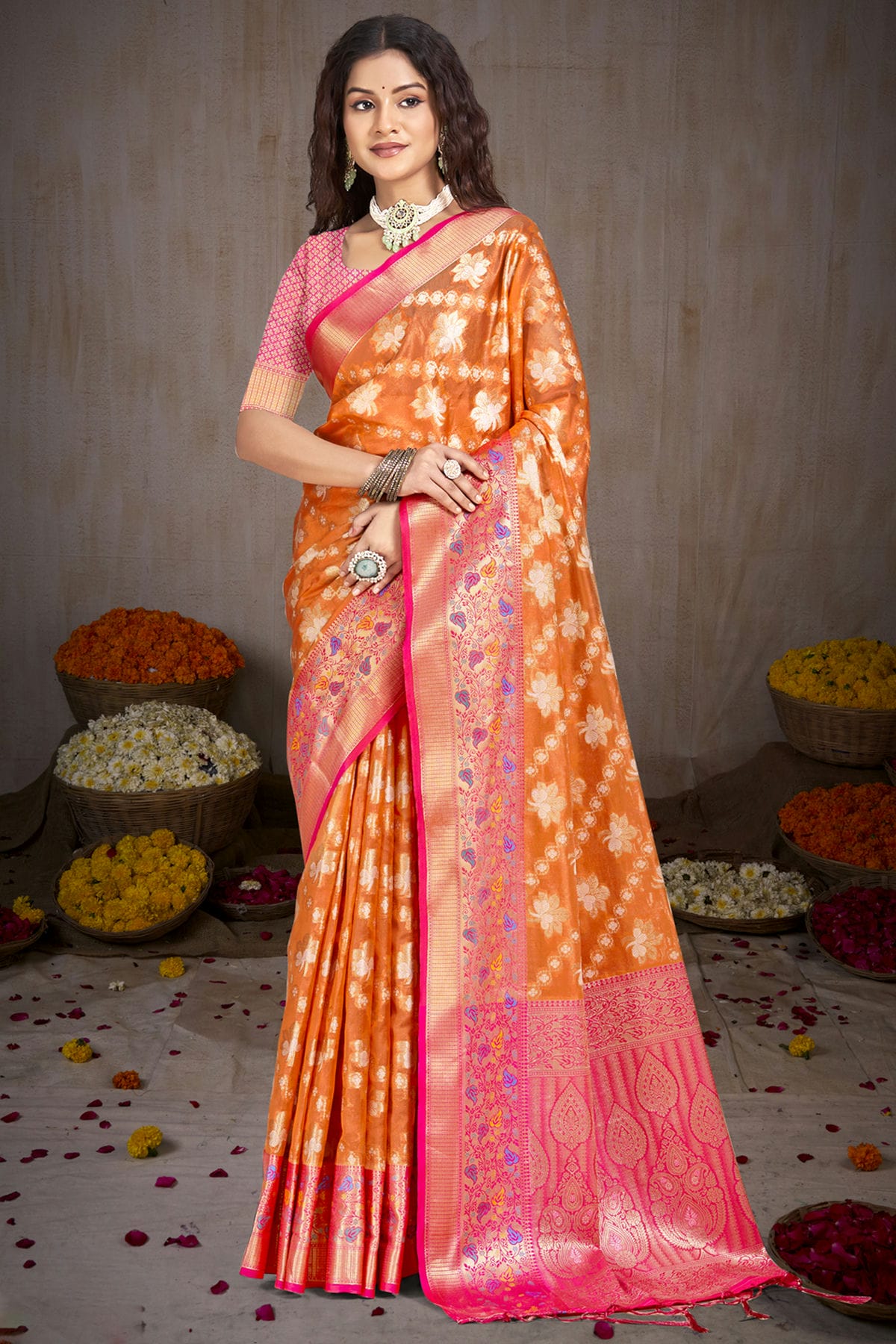 Orange Colour Silk Traditional Saree