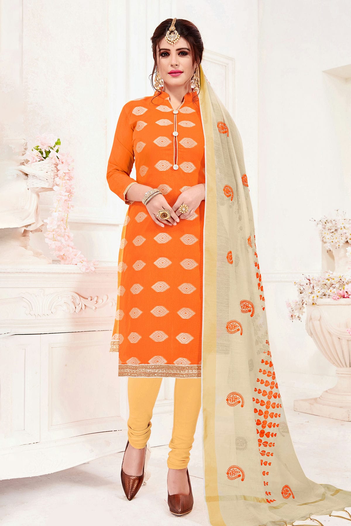 Orange Colour Unstitched Banarasi Jacquard Churidar Suit