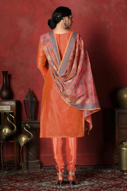 Orange Colour Unstitched Banarasi Silk Churidar Suit