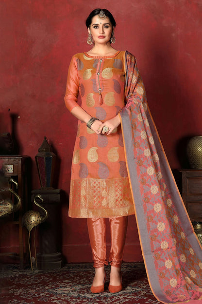 Orange Colour Unstitched Banarasi Silk Churidar Suit