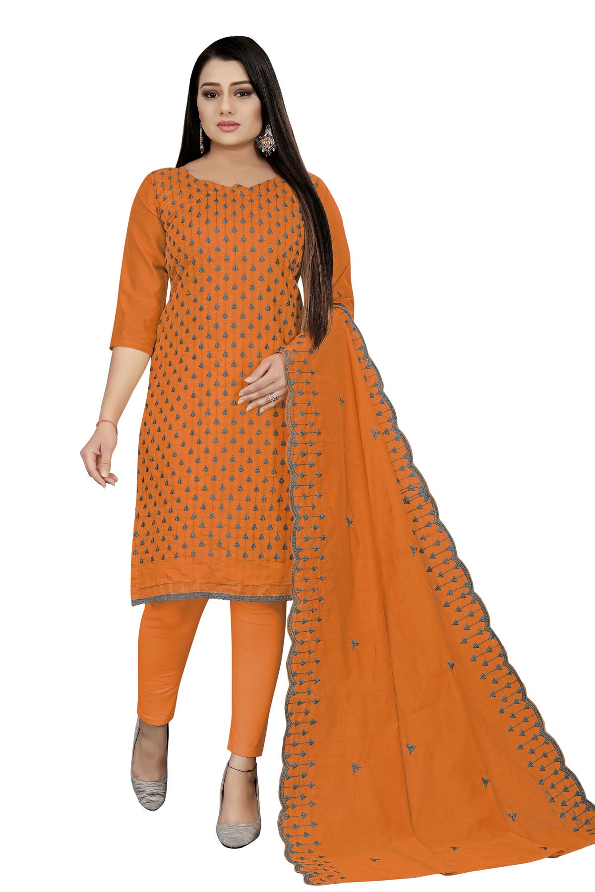 Orange Colour Unstitched Chanderi Cotton Straight Suit