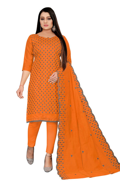 Orange Colour Unstitched Chanderi Cotton Straight Suit