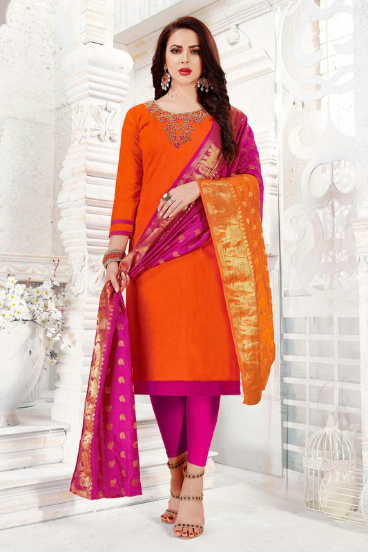 Orange Colour Unstitched Cotton South Slub Straight Suit