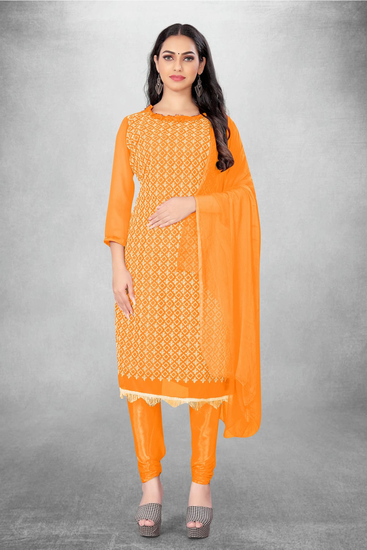 Orange Colour Unstitched Georgette Churidar Suit