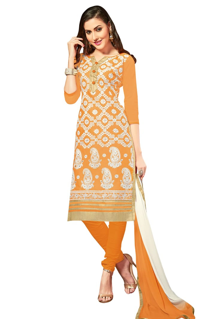 Orange Colour Unstitched Glaze Cotton Churidar Suit