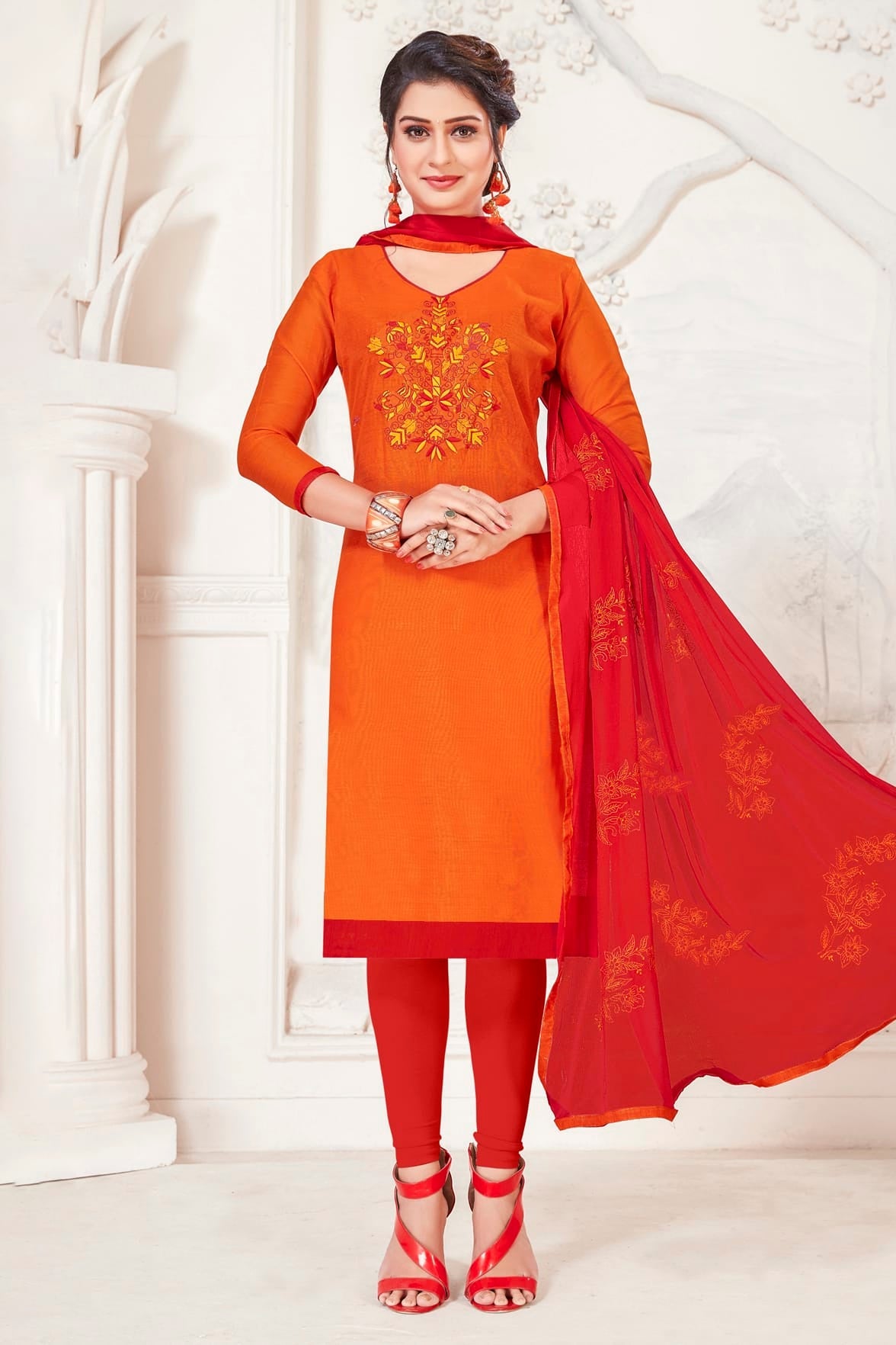 Orange Colour Unstitched Modal Silk Churidar Suit