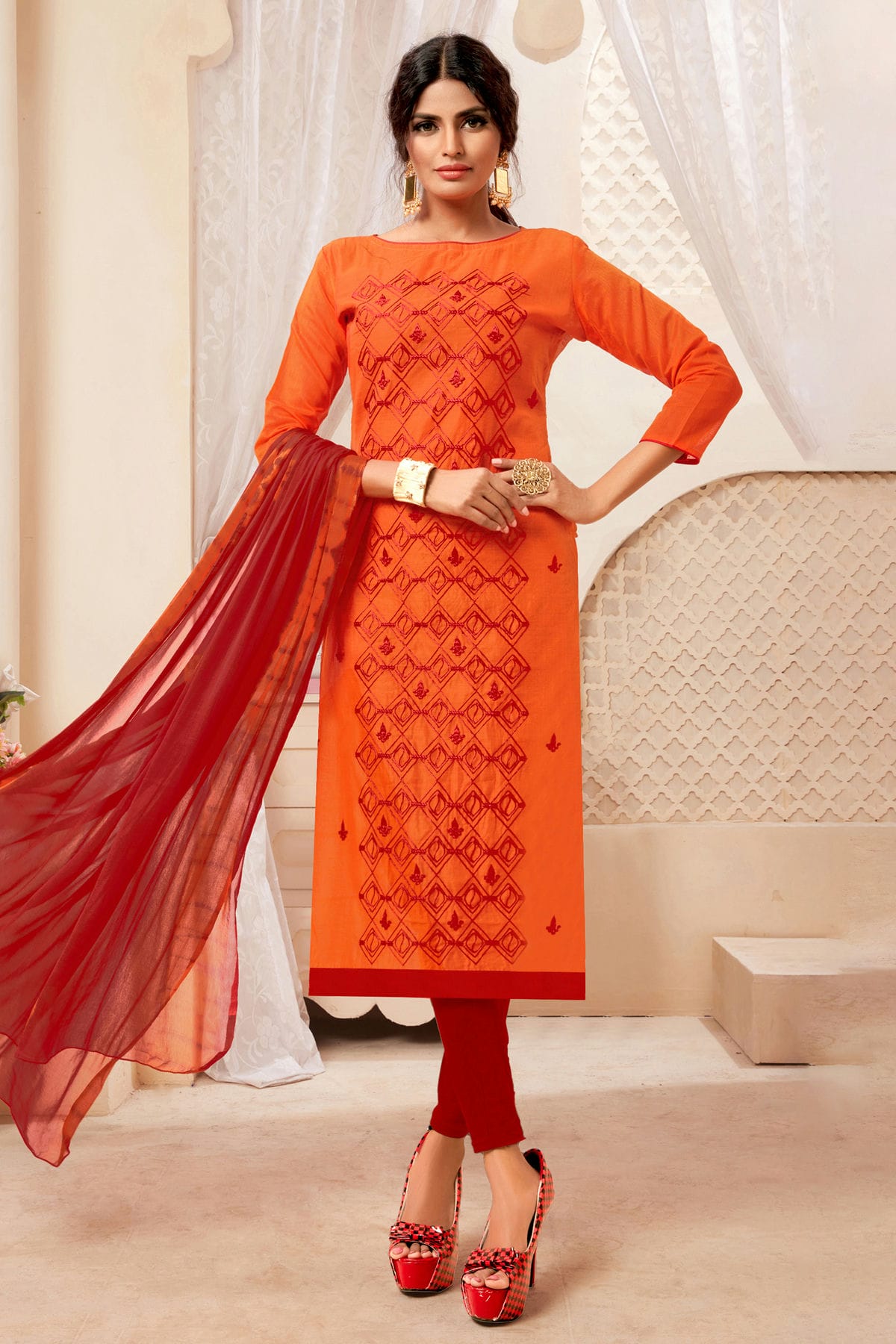 Orange Colour Unstitched Modal Silk Straight Suit