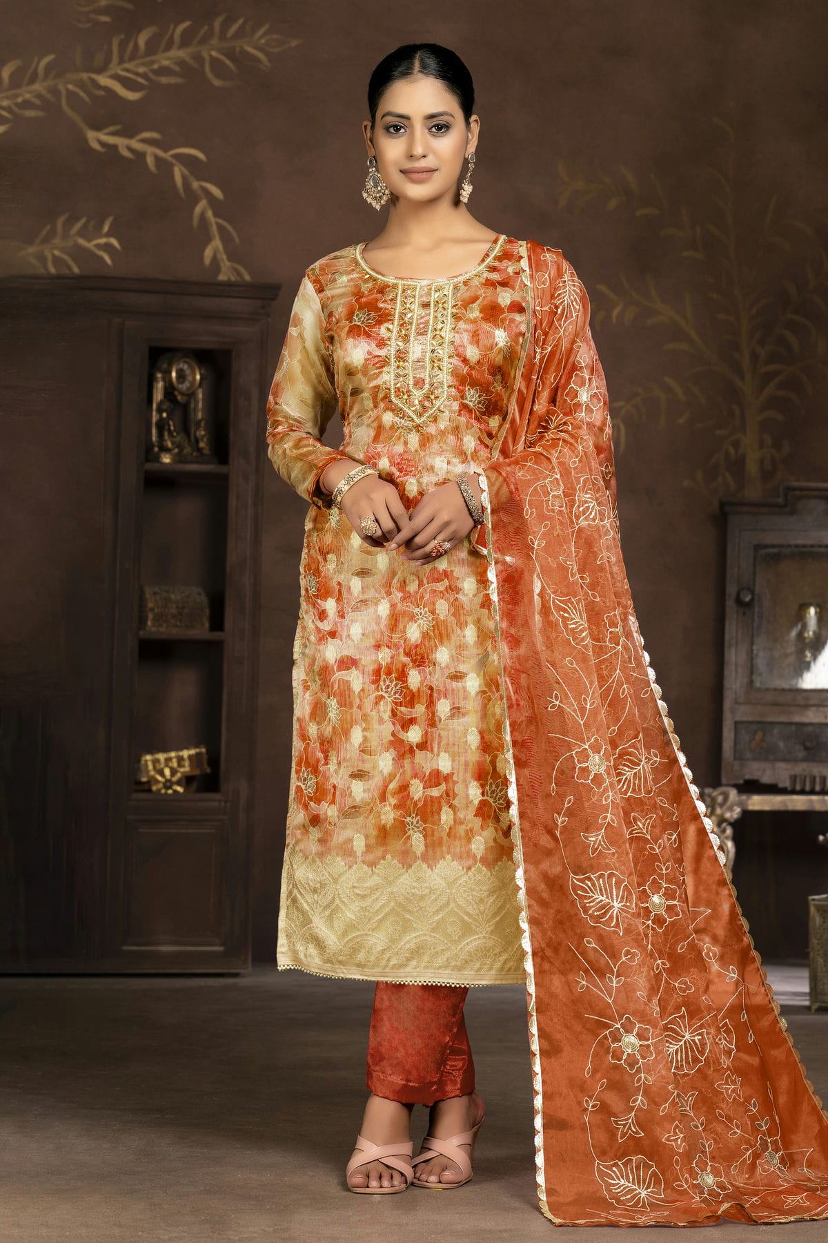 Orange Colour Unstitched Organza Banarasi Jacquard Pant Style Suit