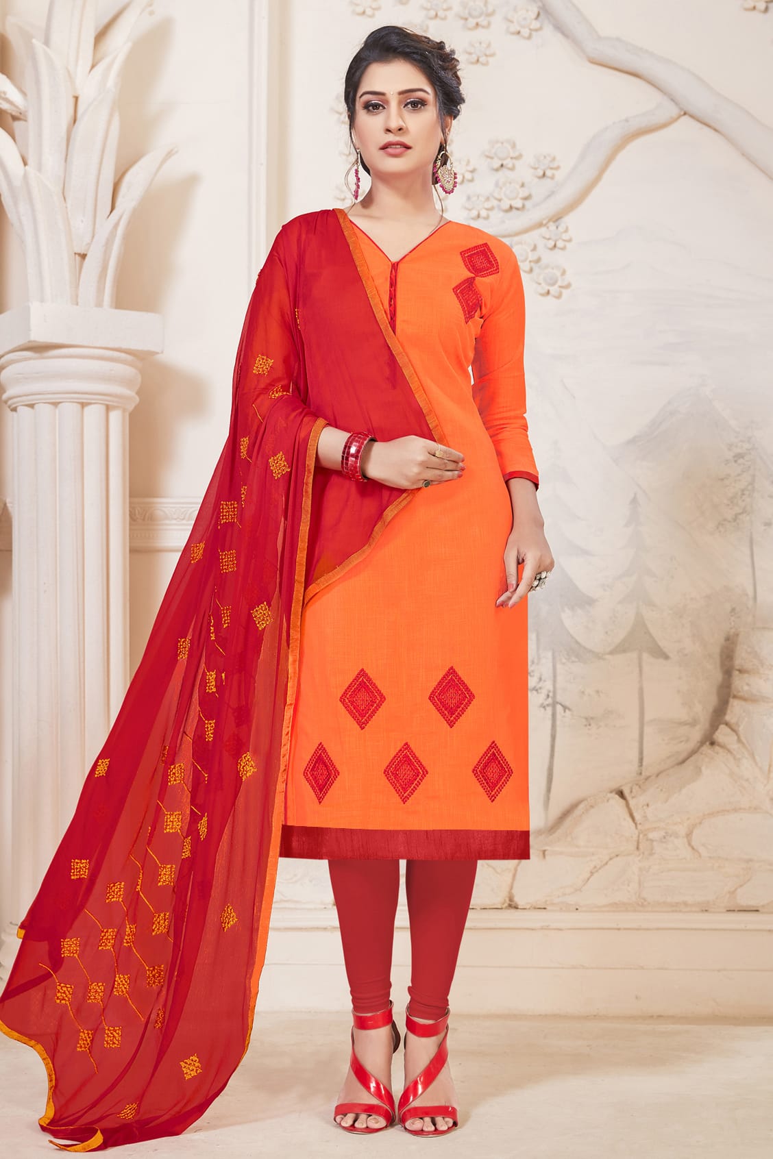 Orange Colour Unstitched South Cotton Slub Churidar Suit