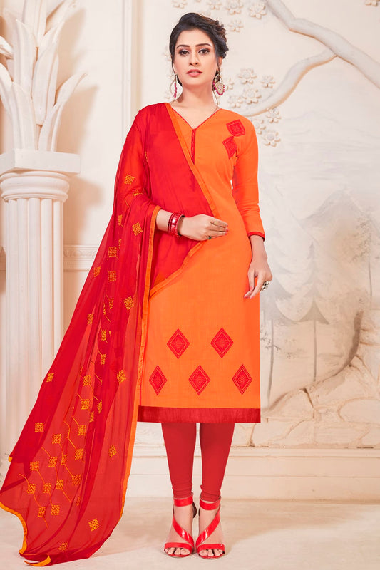 Orange Colour Unstitched South Cotton Slub Churidar Suit