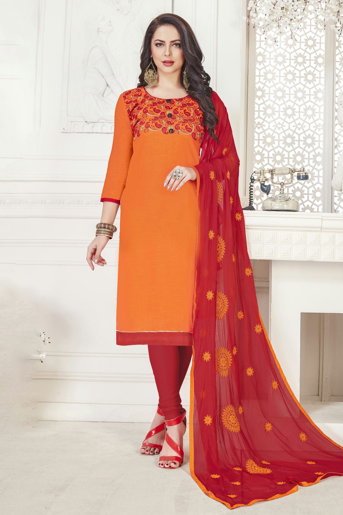 Orange Colour Unstitched South Cotton Slub Churidar Suit