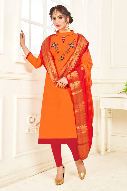 Orange Colour Unstitched South Slub Cotton Straight Suit