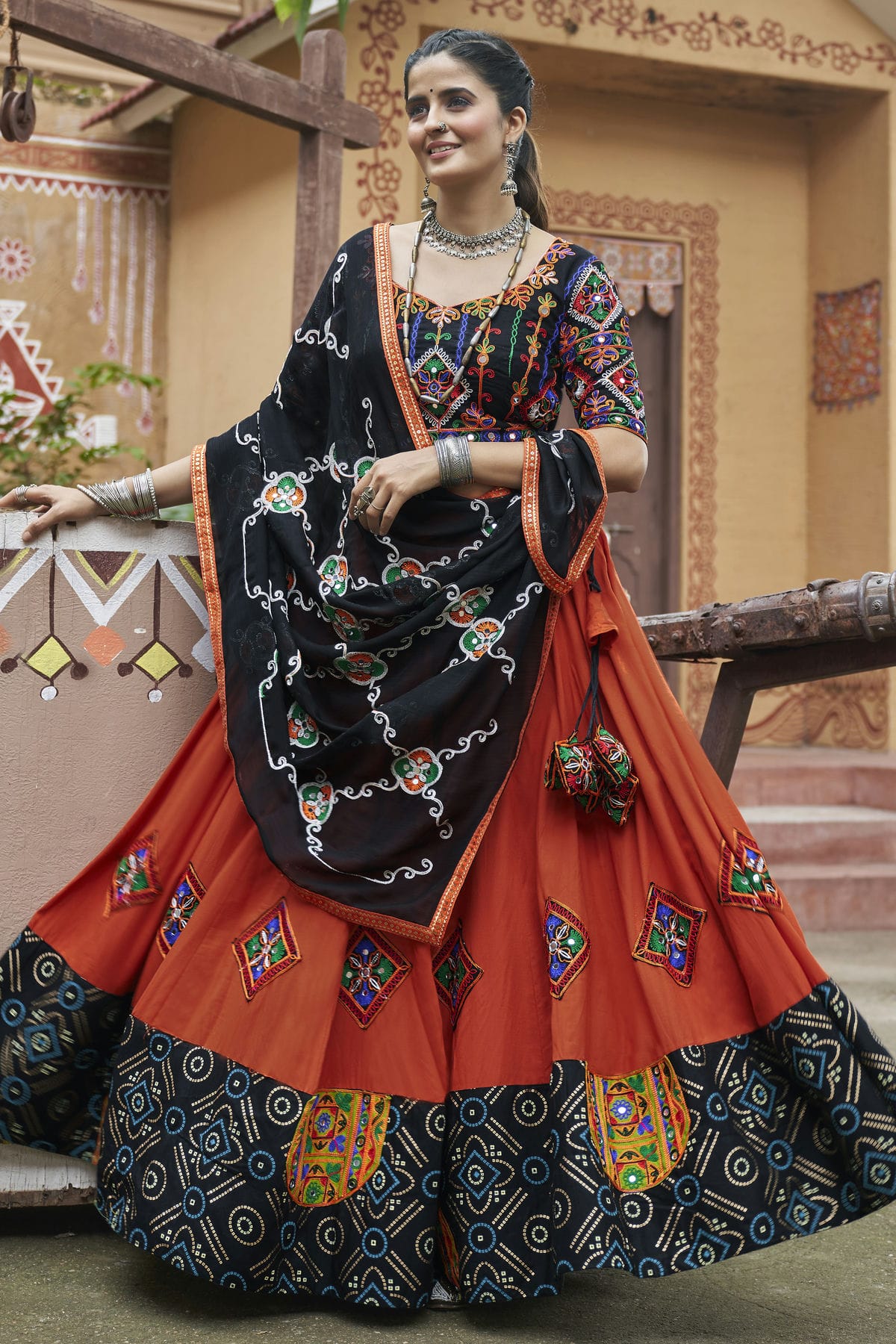 Orange Colour Viscose Rayon Navratri Lehenga