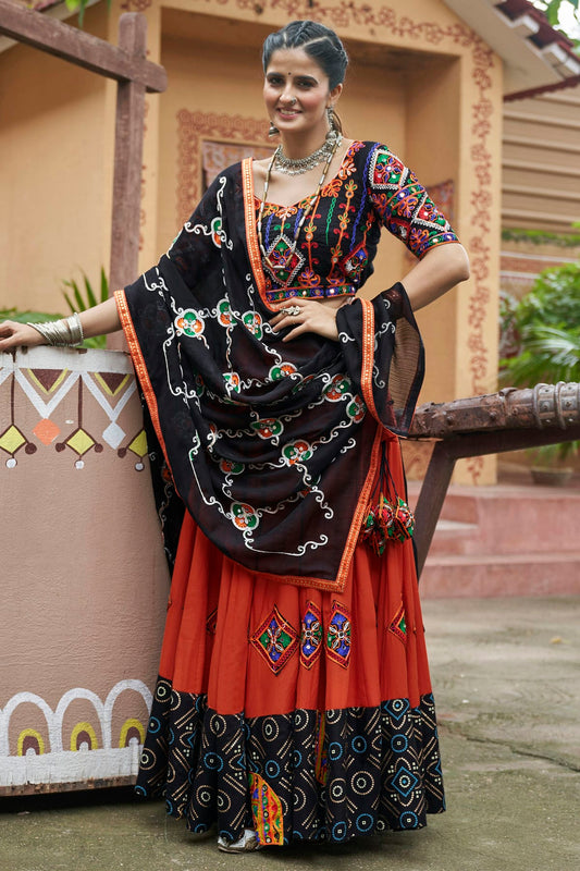 Orange Colour Viscose Rayon Navratri Lehenga