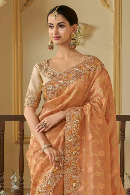 Orange Colour Viscose Tissue Designer Saree